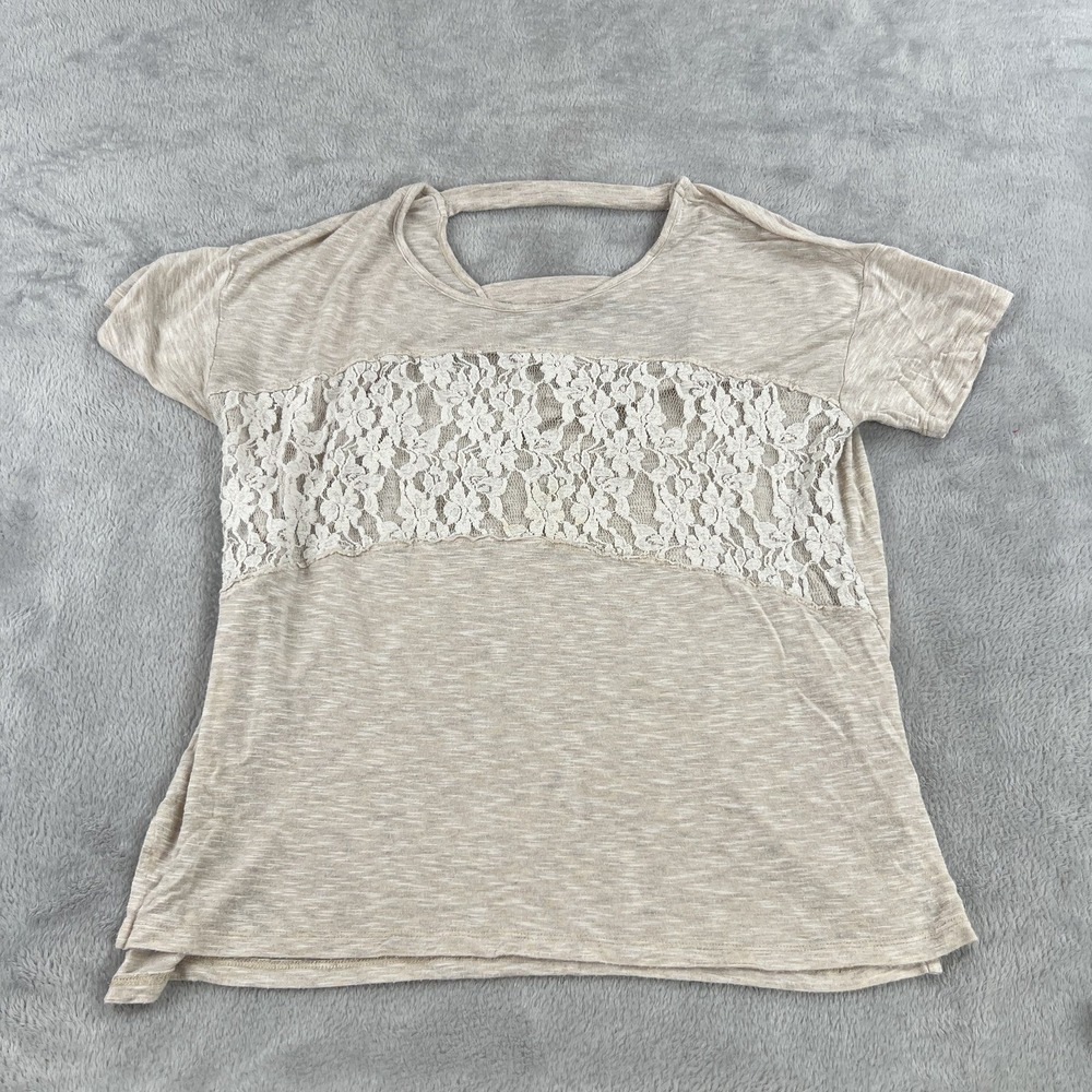 Olivia Moon Lace Front Cutout Back Top Women's XL Tan Boho Short Sleeve Tee